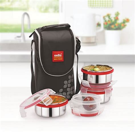 cello max fresh steel click 4 containers lunch box|Cello MF Click 4 Steel Cello Lunch Box, Set of 4.